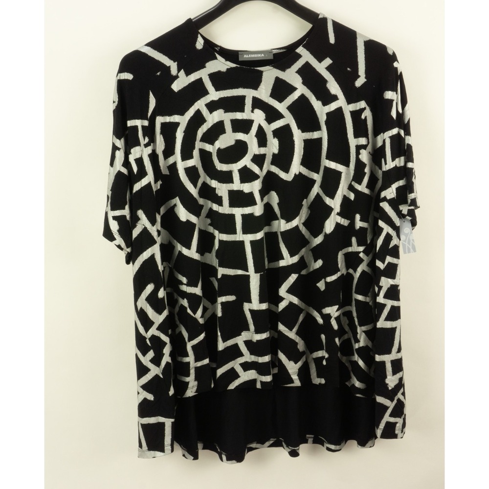 New Alembika Black Metallic Geometric Tunic Top Large Oversized Lagenlook Raglan